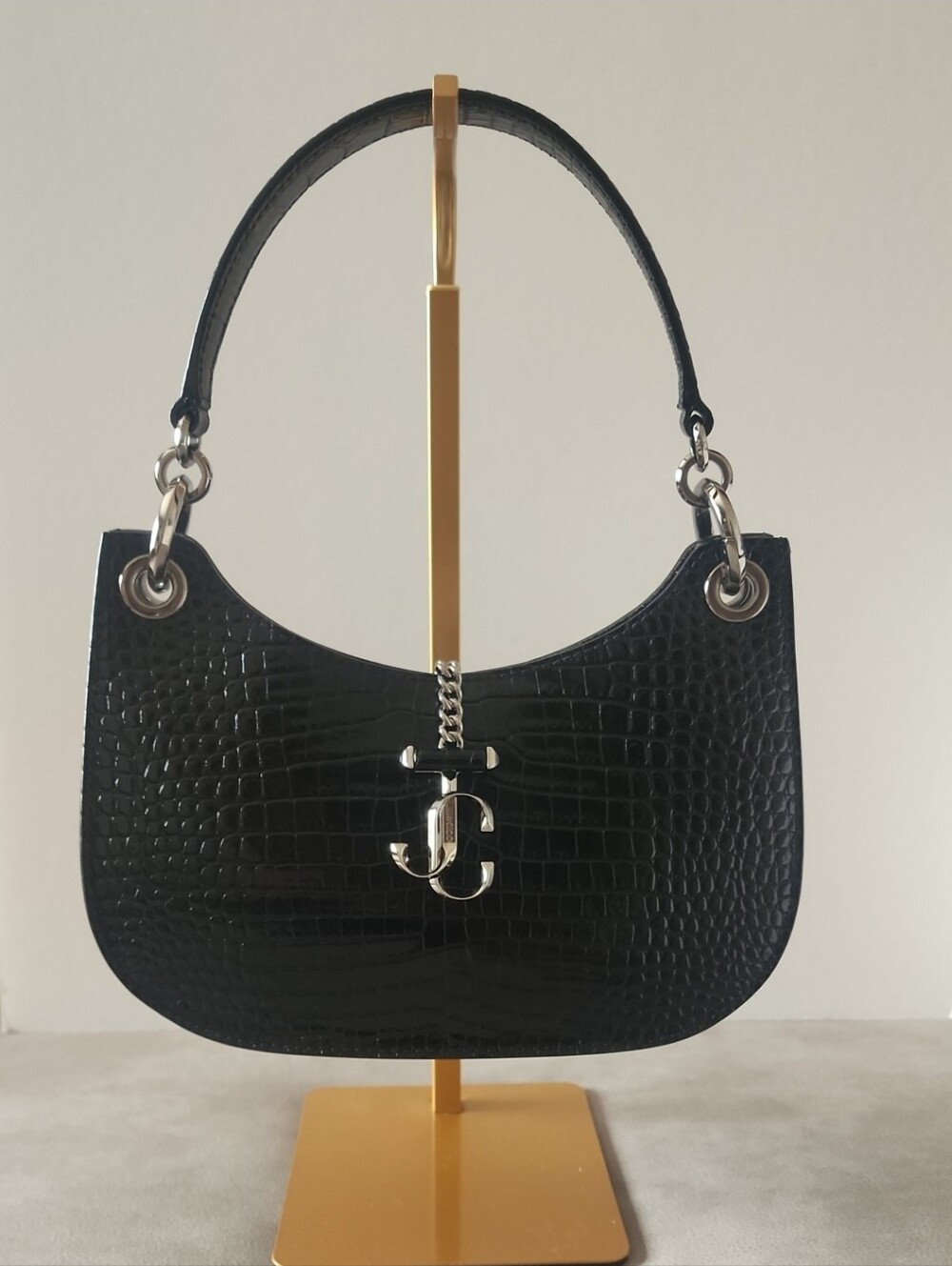 Authentic Jimmy Choo Black Croc-Embossed Shoulder Bag with Silver Hardware